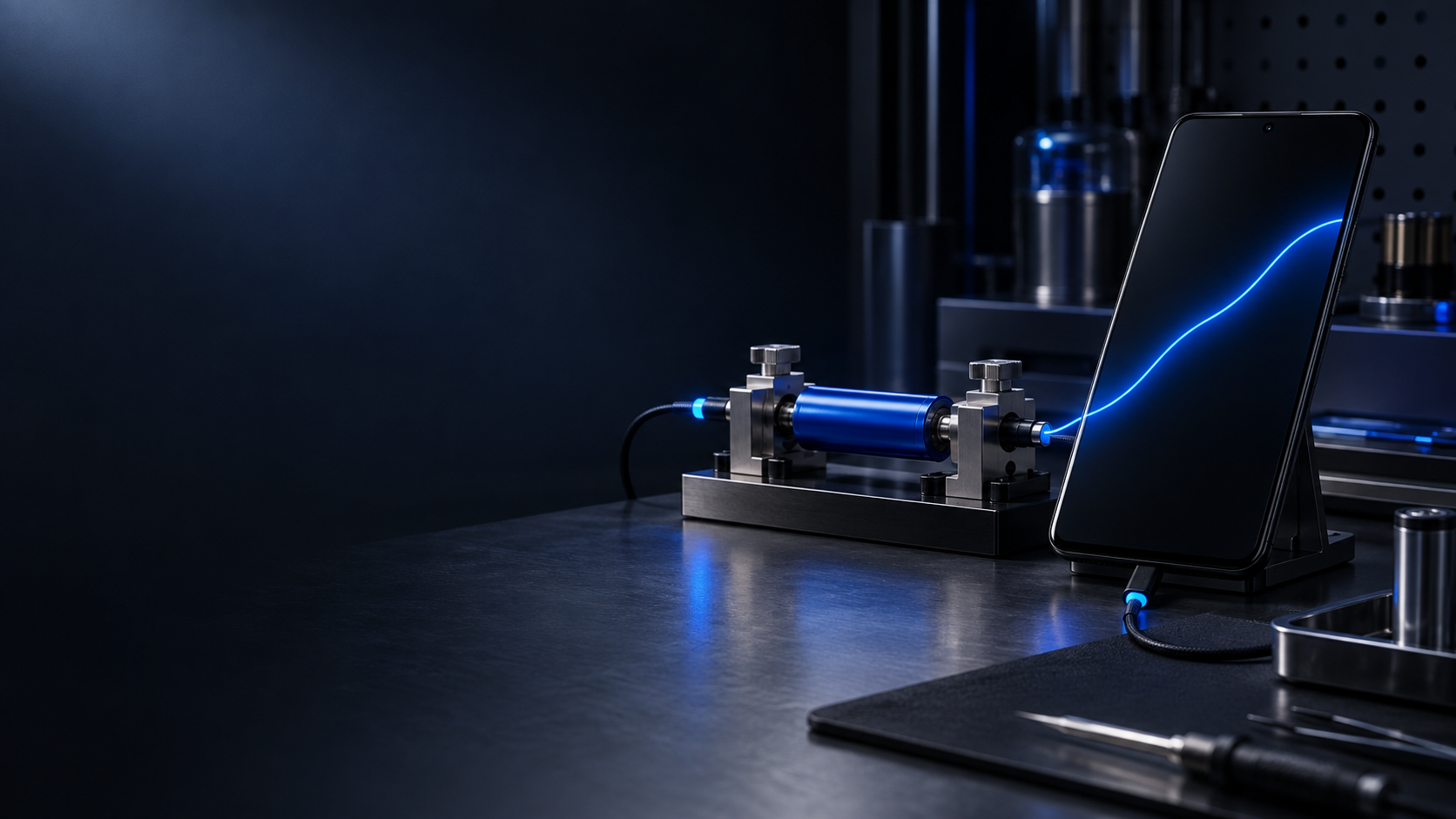 A cylindrical battery cell clamped in a machined metal test fixture on a dark laboratory bench, cabled to a phone standing beside it whose screen shows a single glowing blue charge curve.